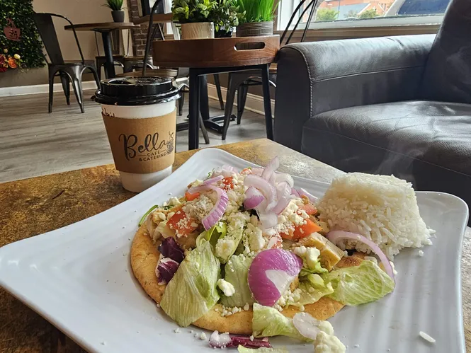 Coffee and Greek salad at Bella's Cafe & Catering