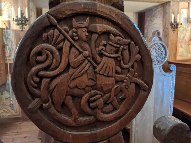 Scandinavian engraved pews at Boynton Chapel in Björklunden, Door County, WI